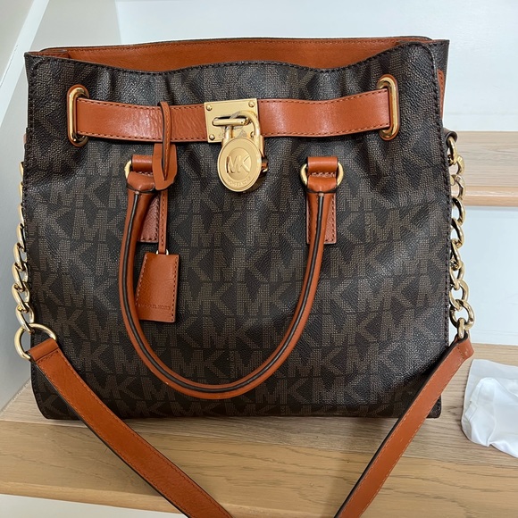 Michael Kors Hamilton Brown Leather Monogram Logo Satchel - Picture 1 of 4